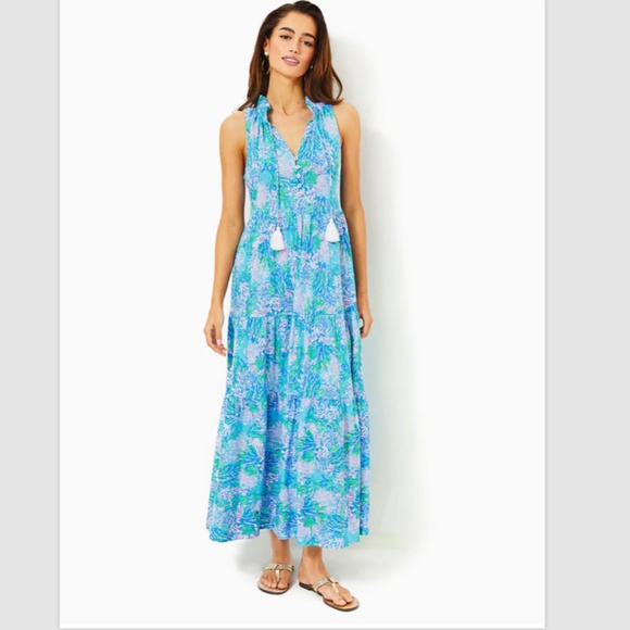$198 NWT LILLY PULITZER MALONE MAXI DRESS LAS OLAS AQUA STRONG CURRENT SEA XL - Picture 1 of 13
